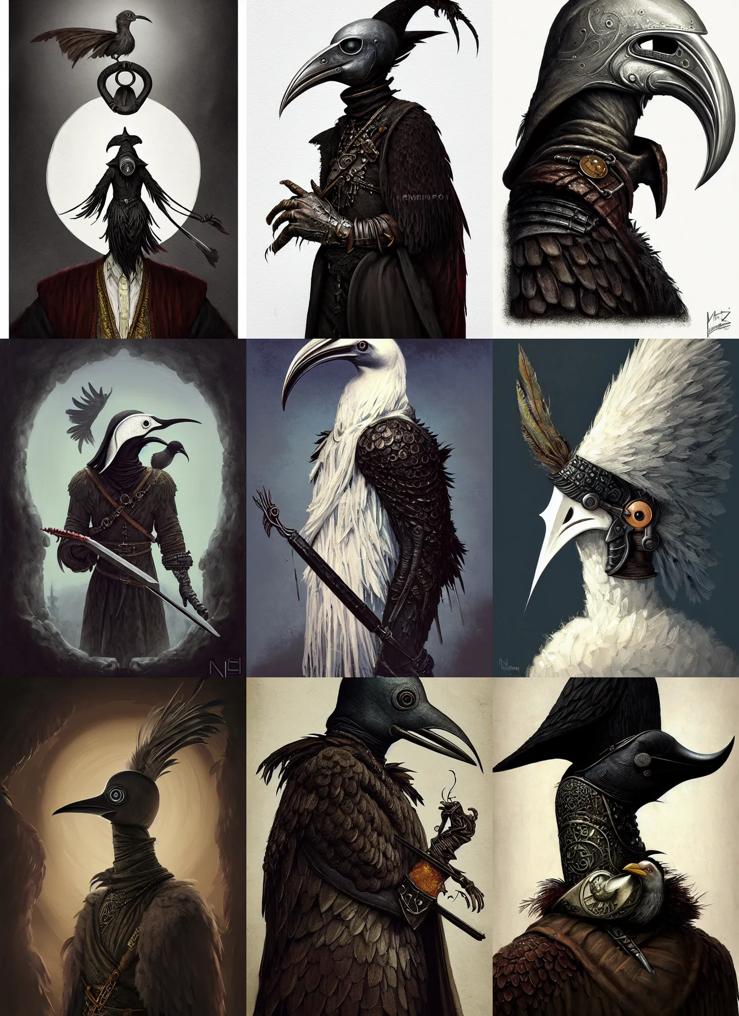 Prompt: rpg! profile! portrait of humanoid bird on white background, beak, feathers, plague doctor, beautiful clothes, d & d, bloodborne, intricate, highly detailed, digital painting, artstation, concept art, smooth, sharp focus, illustration, art by norman rockwell emiliano ponzi andrey remnev yoann lossel aaron jasinski, 8 k