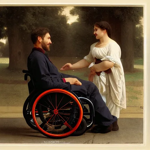 Image similar to a male patient in a wheelchair in the hospital with his wife and son standing by. happy, cheerful, intricate, sharp focus, artstation, cinematic, 8 k, by william adolphe bouguereau