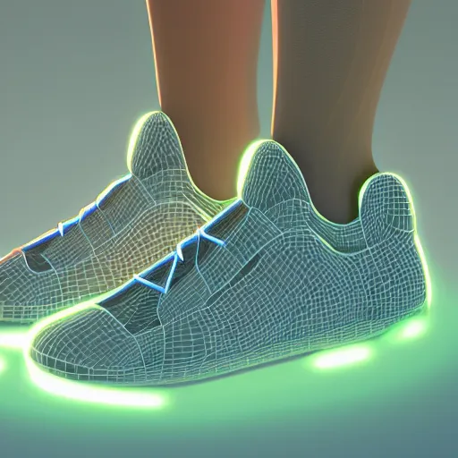 Prompt: high quality Octane 3D render of bioluminescent sneakers floating in space, emissive, bloom, volumetric, ray-tracing, bjork
