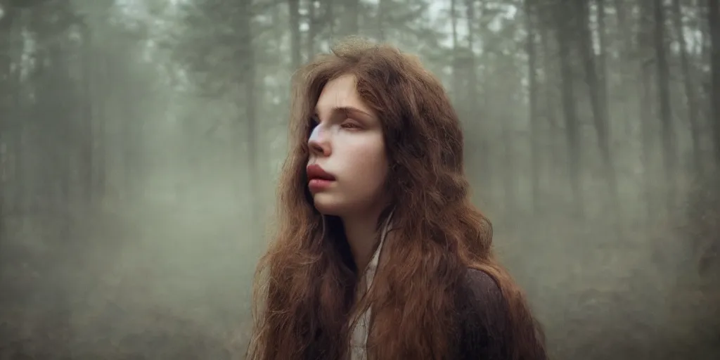 Prompt: portrait of young woman, beautiful, soft features, russian cinema, kodachrome, dense forest, long brown hair, cloth, heavy fog, hudson river school, 4 k, dramatic lighting