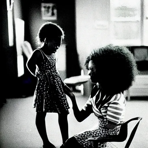 Prompt: afro woman brushing her daughter's hair, retro room, 8 0 s, nostalgic, disposable film