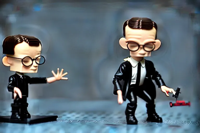 Image similar to alan turing being possessed by agent smith, stop motion vinyl action figure, plastic, toy, butcher billy style