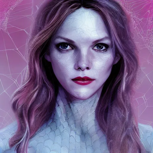 Image similar to young michelle pfeiffer as spider - gwen, fantasy, intricate, elegant, highly detailed, digital painting, artstation, concept art, smooth, sharp focus, contemporary fashion shoot, by edward robert hughes, annie leibovitz and steve mccurry, david lazar, jimmy nelsson, extremely detailed, hyperrealistic, perfect face, octane render