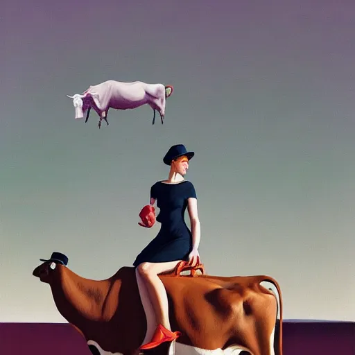 Prompt: A woman with tight dress riding a cow, very coherent, painted by Edward Hopper, Wayne Barlowe, painted by James Gilleard, airbrush, art by JamesJean