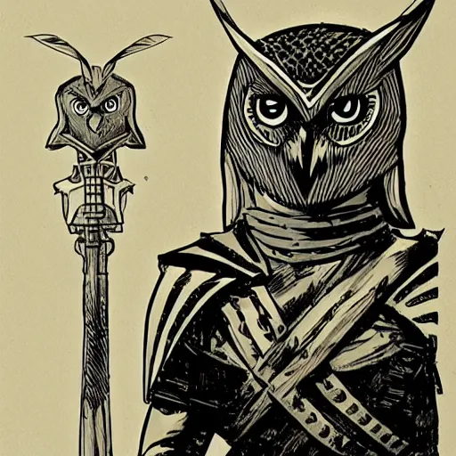 Prompt: a portrait of an owl knight, comicbook art, in the style of mike mignola, stylized, fantasy,