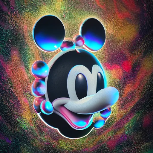 Image similar to knockoff mickey mouse head, fractal, broken, psychedelic, wet, mycelium, radiant alien, rococo, baroque, automotive, bio-mechanical, porcelain, iridescent, sub surface scattering, octane render