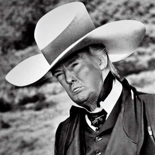 Image similar to an 1 8 0 0 s photo of donald trump playing the role of clint eastwood, squinting at high noon, in the style of a clint eastwood movie, the good, the bad and the ugly, clint eastwood, vibe, donald trump, glory days, mount rushmore, justice, american flag, independence, patriotism, apple pie, black and white, artgerm