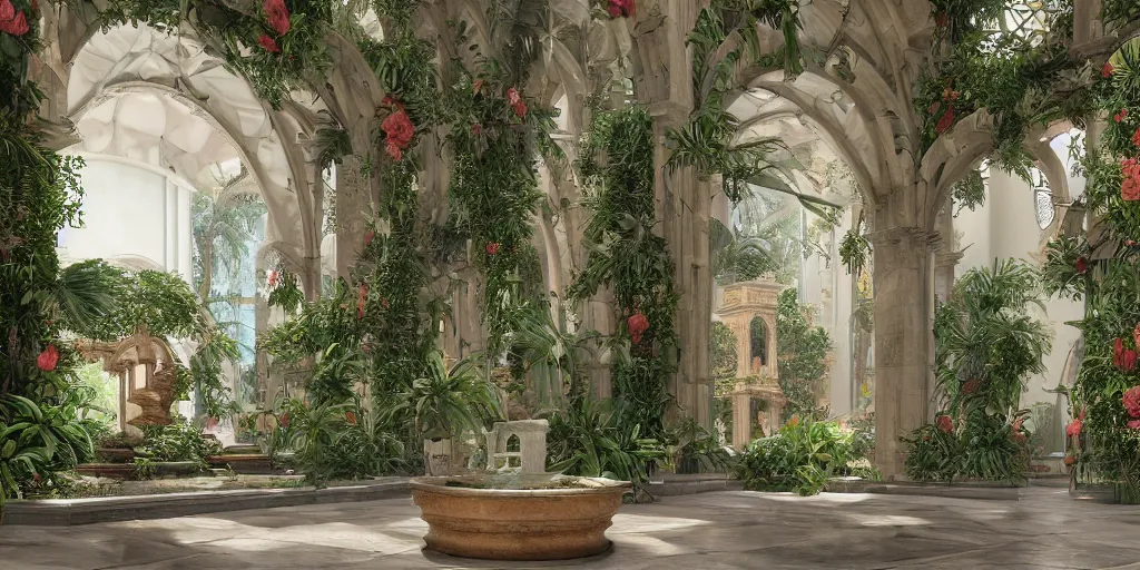 Image similar to cathedral interior with koi pond in the middle surrounded by palm trees, ivy, flowers, tropical plants, roses, and with archways. rendered in octane render with photorealistic lighting, leyendecker, greg rutkowski, artgerm