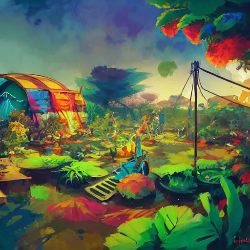 Prompt: hippie bohemian encampment with tie - dye tents and a garden. cyberpunk art by jesper ejsing, by rhads and makoto shinkai and lois van baarle and ilya kuvshinov and rossdraws, cgsociety, panfuturism, nature utopia, bold colors, expressive brushstrokes. anime aesthetic