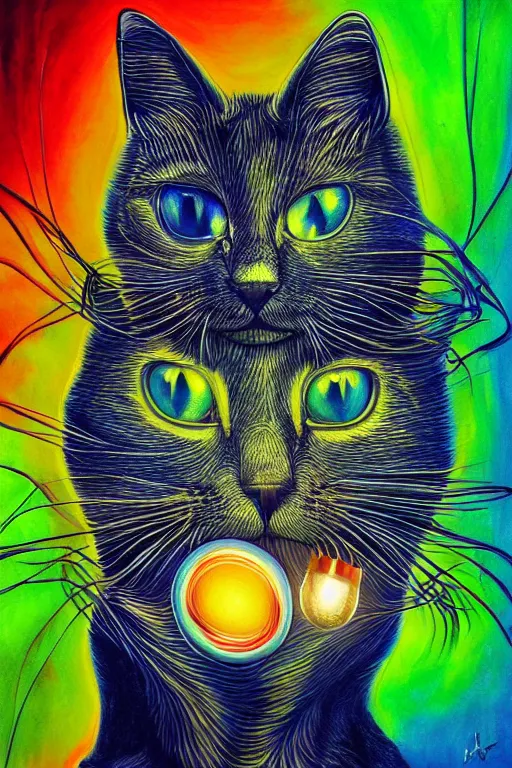 Prompt: portrait of a cat's head inside an upside down light bulb, modern fine art, intricate, elegant, subsurface scattering, highly detailed, pop art painting, organic acrylic flow art, psychedelic fractal art, acrylic art, watercolor, featured on deviantart, cgsociety