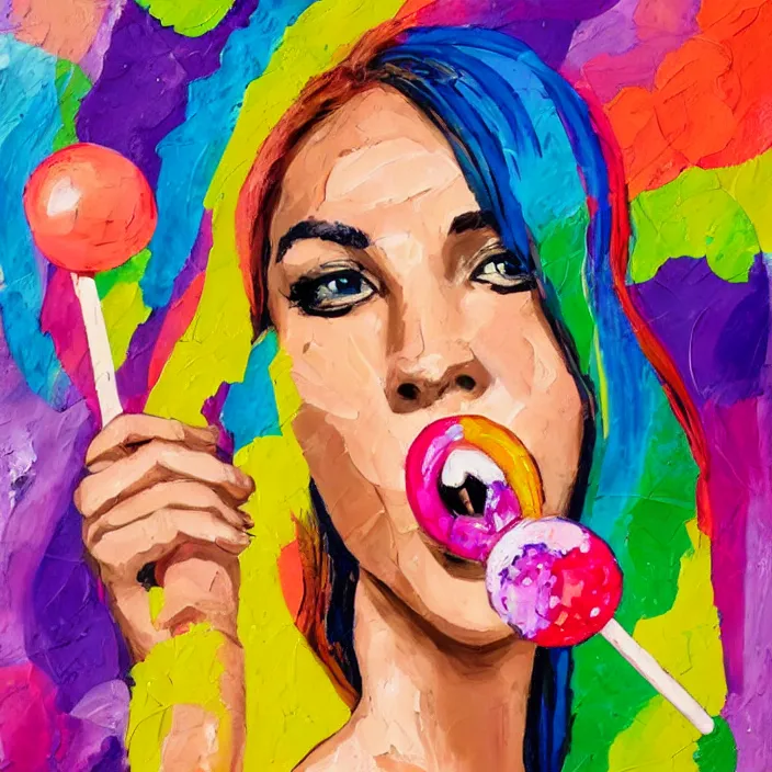 Image similar to portrait of beautiful woman licking a lollipop painted with colorful gouache impasto