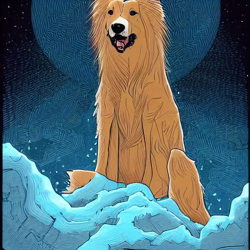 Prompt: Rough Collie meditating illustration, golden ratio, post grunge portrait, concept art by josan gonzalez, james jean, Mike Mignola, Laurie Greasley, highly detailed, sharp focus, alien, Artstation, deviantart, artgem