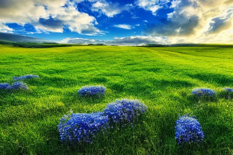 Image similar to windows bliss wallpaper, green field, blue partly cloudy sky, hdr, 4 k, highly detailed, professional photography, by marc adamus