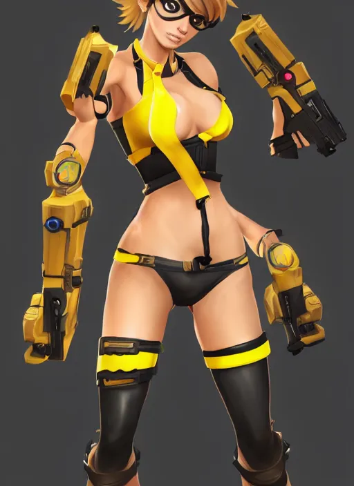 Image similar to tracer game character, in yellow bikini, blonde hair, black eyes, full height