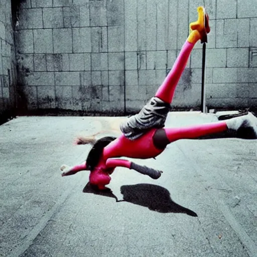 Prompt: “ clown girls breakdancing in a parking garage photorealistic ”