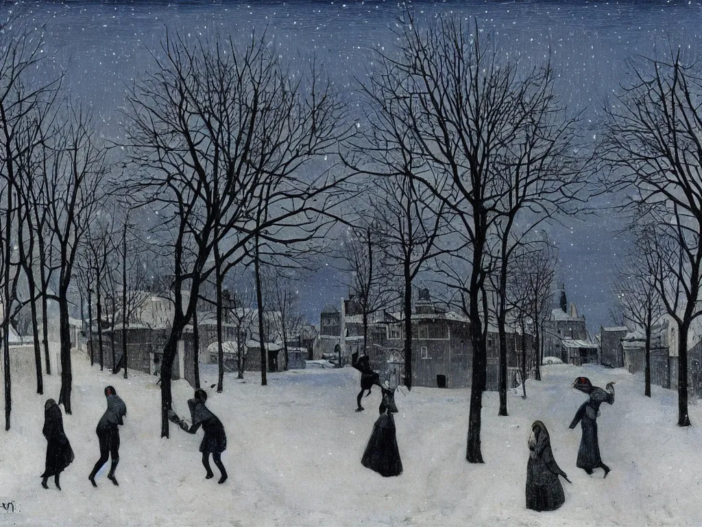 Prompt: Night scene. Women playing in the snow. Paul Delvaux