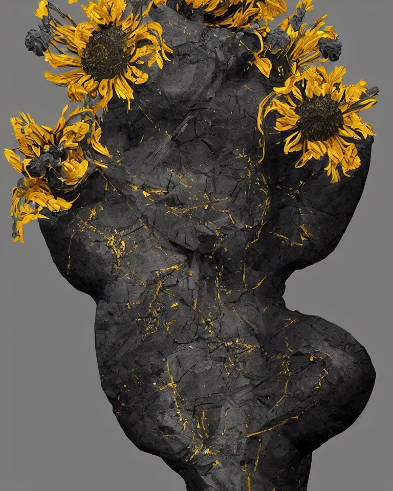 Prompt: symmetrical painting of a fractured obsidian east - asian statue of helianthus and tropaeolum fixed with kintsugi, rendered in octane trending on cgsociety. extremely detailed and intricate art