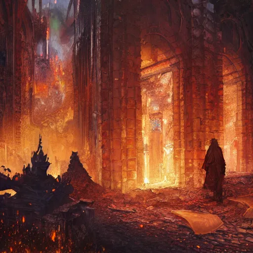 Prompt: Oil painting of town ruins, ashes and flames, people hiding, D&D, Magic The Gathering, by Craig Mullins, intricate details, Nekro, Victo Ngai, centered, symmetrical, volumetric lighting