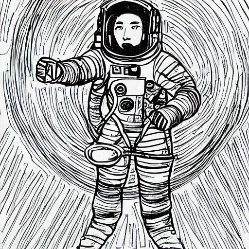 Image similar to an astronaut in space, drawn with a single line, line drawing, art, minimalist, continuous line drawing, sakura pigma micron,