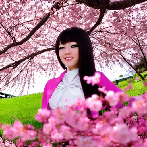 Prompt: Pretty japanese gyaru with Sakura tree blooming on background