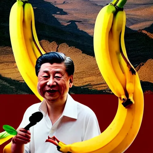 Image similar to Chinese president with bananas in hand in epic stance fighting dragon on flaming mountain, bananas weapon, painting, epic