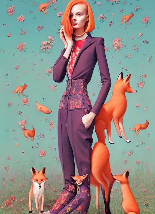 Image similar to pretty model with foxes : : by martine johanna and simon stalenhag and chie yoshii and casey weldon and wlop : : ornate, dynamic, particulate, rich colors, intricate, elegant, highly detailed, vogue, harper's bazaar art, fashion magazine, smooth, sharp focus, 8 k, octane render,