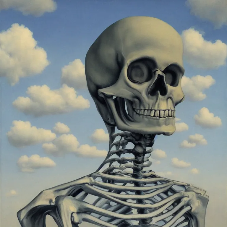 Prompt: portrait of a skeleton in a suit, clouds in the background, by rene magritte, detailed painting, distance, middle centered, hd, hq, high resolution, high detail, 4 k, 8 k