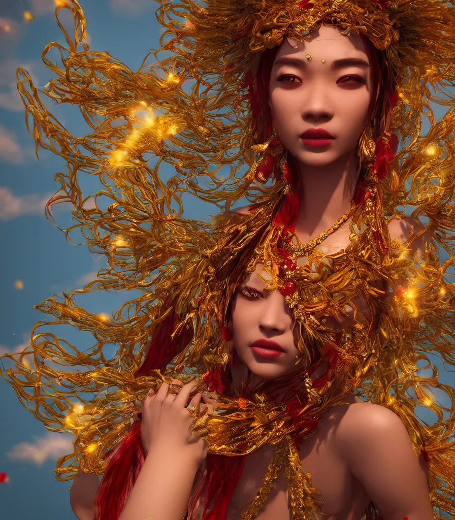 Prompt: closeup photoshoot of asian goddess of bliss and honey, silk flowing in wind, totemic ritualistic tarot sigils embedded in ruby skin, photoreal, unreal engine, redshift render, trending on artstation
