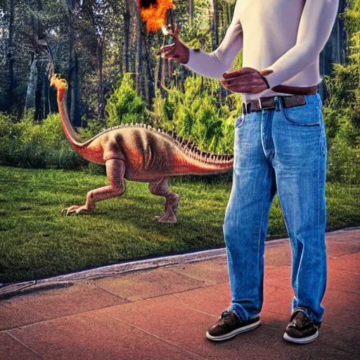 Image similar to a realistic photo of a dinosaur standing on two legs smoking a cigarette in their mouth hdr professional shot, full body