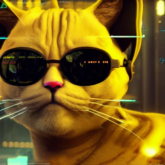 Prompt: machine cat the assassin, blue light cyberpunk glasses, love death & robots, headshot, cyberpunk 2 0 7 7, unreal engine, highly detailed, c 4 d, houdini, smooth lines, yellow color scheme, cinematic lighting, 8 k, artstation, concept art, sharp focus, illustration, aesthetic