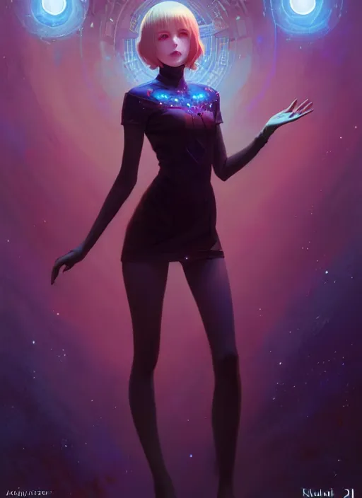 Image similar to full body beautiful and attractive and aesthetic azathoth girl greeting, very slightly smiling at the camera, perfect face, fantasy cosmic horror, symmetric eyes, sharp focus, specular reflection, occlusion shadow, artstation, by ilya kuvshinov and jeremy lipking, light novel cover art, 3 d epic illustrations, symmetric body, model pose