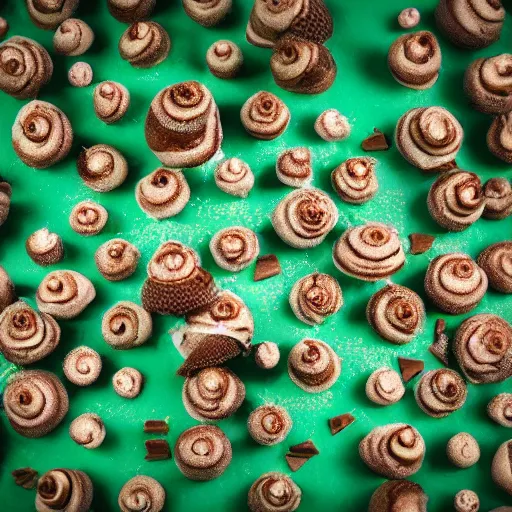 Prompt: a photograph of a clump of vanilla-chocolate swirl ice cream cones with sprinkles growing in the deep lush forest like mushrooms. Shallow depth-of-field