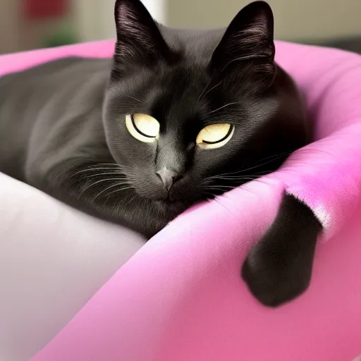 Image similar to Black skinny cat with dark green eyes sleeping on a pink gaming chair on a sakura pillow