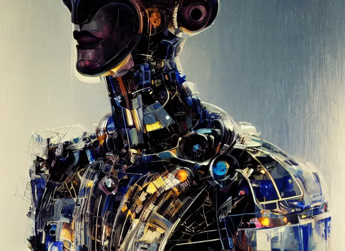 Image similar to a portrait of cyber - dog of sci fi metallic human by yoji shinkawa bright eyes, melancholic complex geometric figure liminal machinery by oskar schlemmer, moebius, john berkey, film grain, oil on canvas, portrait facial head, featured on artstation, hd wallpaper, 8 k