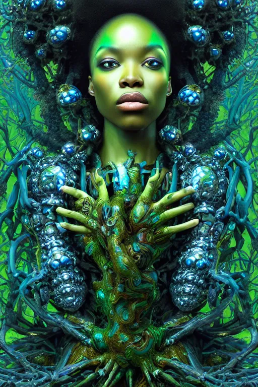 Image similar to hyperrealistic neo - baroque super expressive! black woman with exoskeleton armor, merging with tree in a forest, highly detailed digital art masterpiece smooth cam de leon hannah yata dramatic pearlescent blue green light ground angle hd 8 k sharp focus