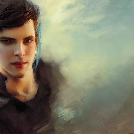 Image similar to detailed cinematic wide shot of beautiful attractive young man black clothes black hair no beard slim face symettrical face clean skin blue eyes black clothes, ultra realistic, spring light, painting by gaston bussiere, craig mullins, j. c. leyendecker