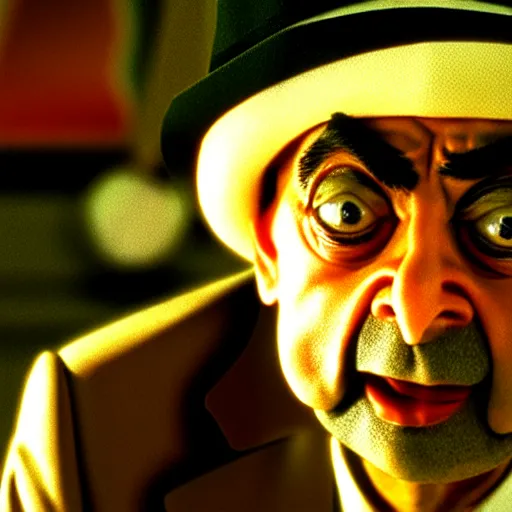 Image similar to mr. bean as raul duke from the fear and loathing in las vegas movie. movie still. cinematic lighting.