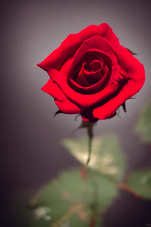 Image similar to a realistic photo of a dark-red rose, Romantic, dark background, lit by morning light, beautiful photo