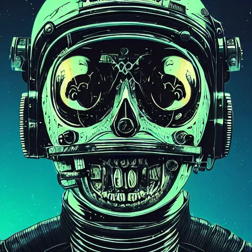 Prompt: portrait of a space pirate skull pepe the frog. intricate abstract. cyberpunk, vhs glitch. full face broken helmet. intricate artwork. nightmare fuel. terrifying. empty oxygen tank. by Tooth Wu, wlop, beeple, dan mumford. octane render, trending on artstation, greg rutkowski very coherent symmetrical artwork. cinematic, hyper realism, high detail, octane render, 8k, iridescent accents, black and white