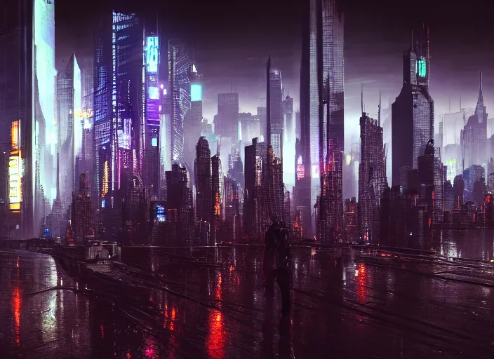 Image similar to cyberpunk scifi scene of new york skyline at night, artstation, matt painting, very detailed, maximalism, ambient occlusion, volumetric light, atmospheric haze, unreal engine, hyper realism, realistic shading, cinematic composition, realistic render, octane render, detailed textures, photorealistic, wide shot