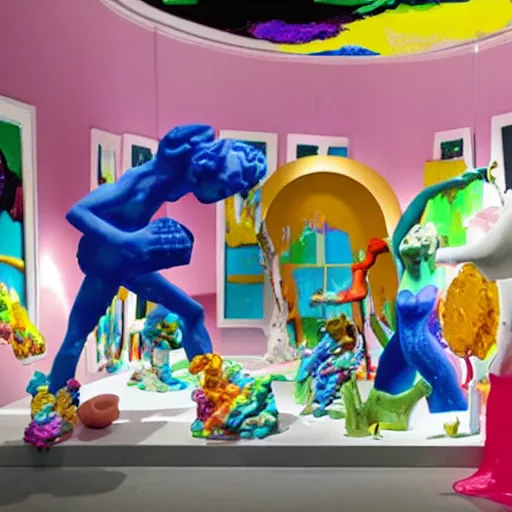 Image similar to a claymation film still of a contemporary sculpture / collection / contemporary art / gallery / museum / claymation by jeff koons