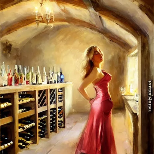 Image similar to beautiful blonde in hot dress in a wine cellar, food, pork, beer, schnapps, rustic, traditional, torches on the wall, acrylic painting by vladimir volegov and anders zorn, highly detailed, beautiful interior, masterpiece