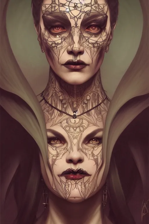 Prompt: portrait of a satanic witch, tattooed face, upper body, decorated, intricate, elegant, highly detailed, digital painting, artstation, concept art, smooth, sharp focus, illustration, art by artgerm and greg rutkowski and alphonse mucha, 8 k