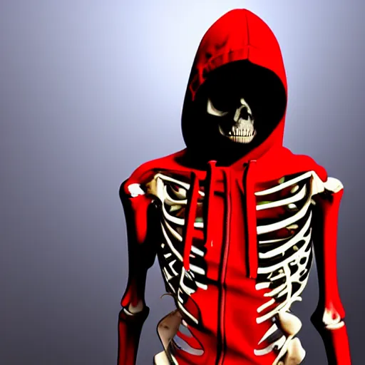 Image similar to a skeleton in a red hoodie with a rifle ultrarealism