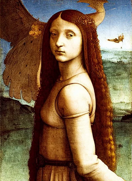 Prompt: renaissance portrait of a girl with long hair and demon wings in front of a post - apocalyptic landscape, art by leonardo da vinci, raffaello, donatello