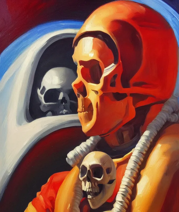 Prompt: a portrait of an astronaut with a skull head, highly detailed oil painting by josep tapiro baro and edward hopper, trending on artstation, oil painting masterpiece, mysterious, very aesthetic, cinematic and dramatic red light, 4 k,