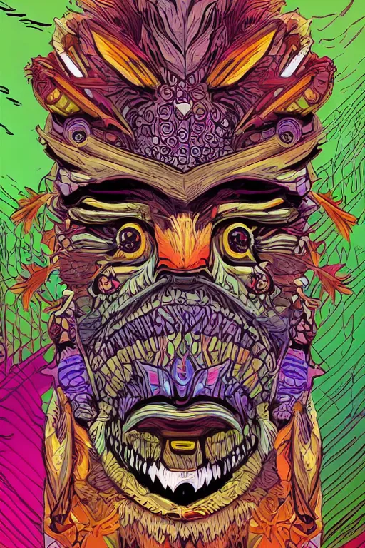 Image similar to totem animal mask tribal feather gemstone plant wood rock shaman vodoo video game vector illustration vivid multicolor borderlands comics by josan gonzales and dan mumford radiating a glowing aura