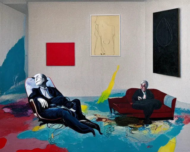 Image similar to a man reclines on a sofa in a domestic interior by james jean and luc tuymans and beeple and hernan bas and pat steir and hilma af klint, psychological, 3 d, dripping paint, high quality render, masterpiece