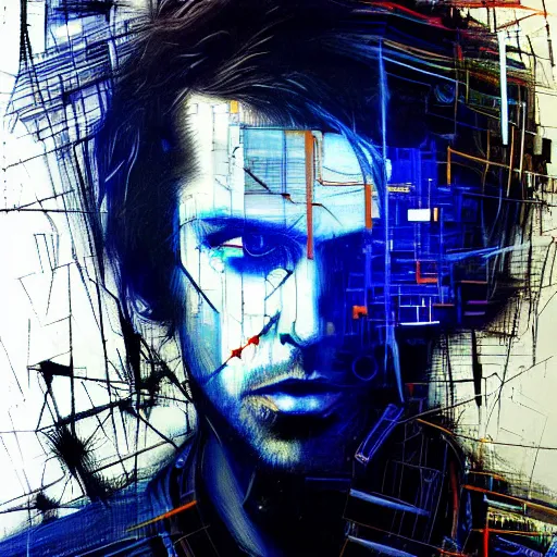 Prompt: hyperrealistic portrait of a cyberpunk man, long hair, by Guy Denning, Johannes Itten, Russ Mills, glitch art, glitch eyes, hacking effects, glitch effects, digital tech effects, cybernetics, detailed lines, chromatic, color blocking!, oil on canvas, highly detailed, symmetrical, octane, concept art, abstract, blue and black, 8k, cinematic, trending on artstation