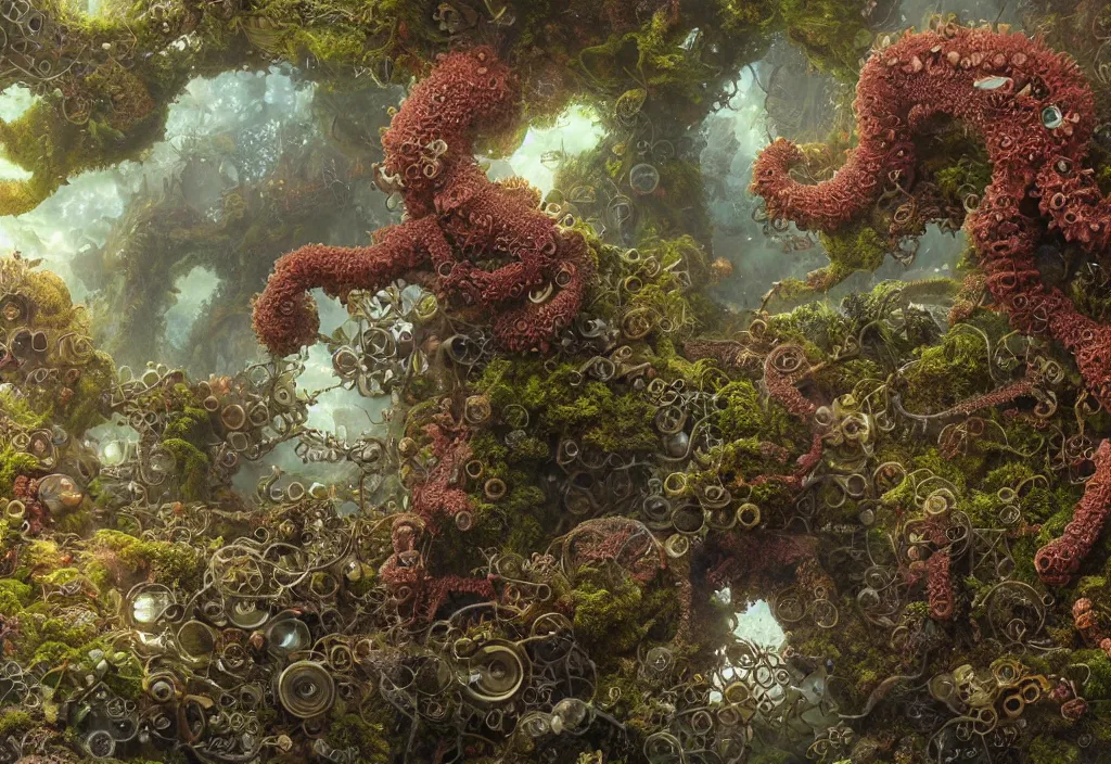 Image similar to illustrationand highly detailed render of a strange moss fungus and coral creature, lovecraftian, steampunk, biological, milky way environment, ultra realistic, concept art, intricate details, cheerful, highly detailed, photorealistic, octane render, 8 k, unreal engine. art by hr guger and artgerm and greg rutkowski and alphonse mucha